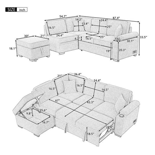 87.4" Sleeper Sofa Bed,2 in 1 Pull Out sofa bed L Shape Couch with Storage Ottoman for Living Room,Bedroom Couch and Small Apartment, Beige