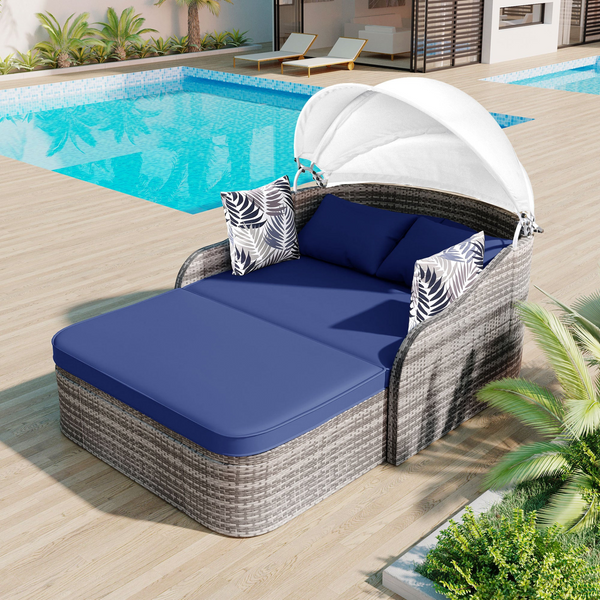 79.9" Outdoor Sunbed with Adjustable Canopy, Daybed With Pillows, Double lounge, PE Rattan Daybed, Gray Wicker And Blue Cushion