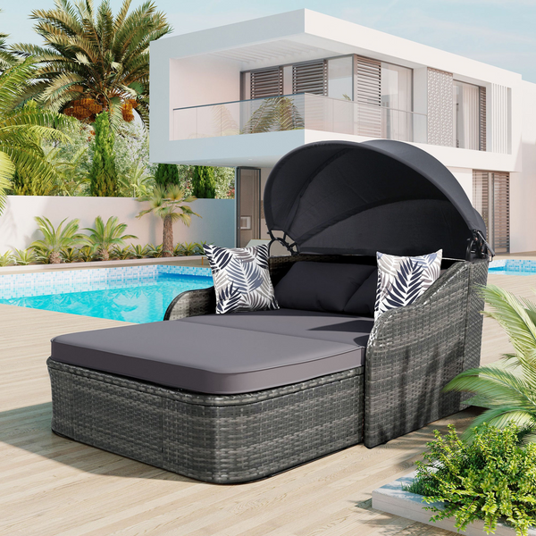 79.9" Outdoor Sunbed with Adjustable Canopy, Double lounge, PE Rattan Daybed, Gray Wicker And Cushion