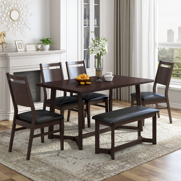 Farmhouse 6-Piece Wood Dining Table Set with 4 Upholstered Chairs and Bench, Dark Brown