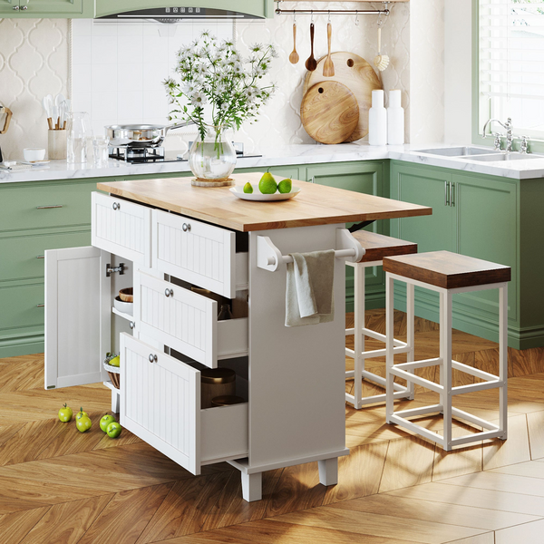 Farmhouse Kitchen Island Set with Drop Leaf and 2 Seatings,Dining Table Set with Storage Cabinet, Drawers and Towel Rack, White+Rustic Brown