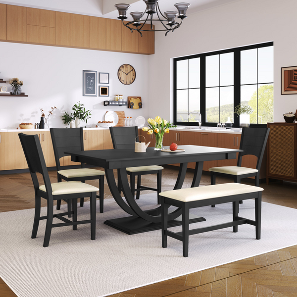 6-Piece Wood Half Round Dining Table Set Kitchen Table Set with Long Bench and 4 Dining Chairs, Modern Style, Gray