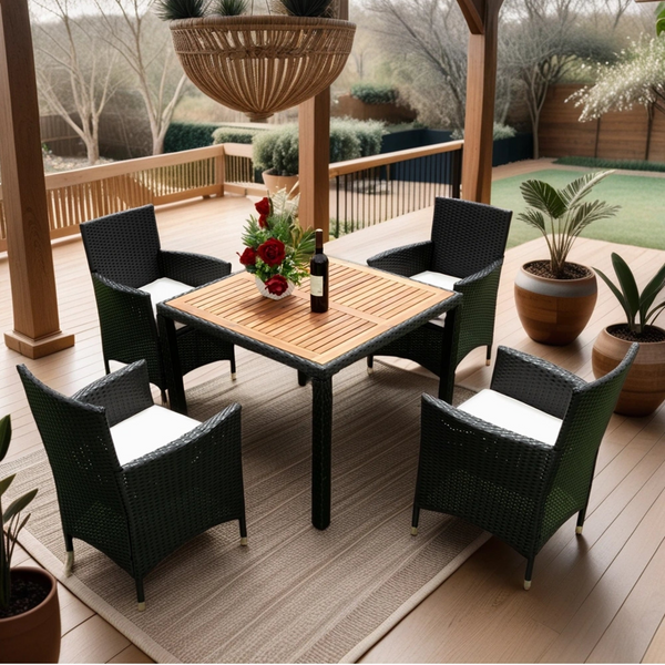 5 piece Outdoor Patio Wicker Dining Set Patio Wicker Furniture Dining Set w/Acacia Wood Top Black Wicker + Creme Cushion