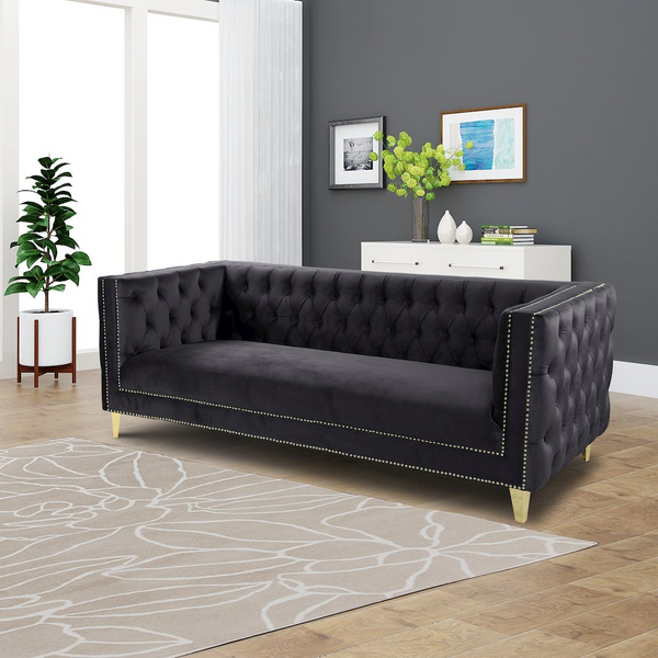 Luxe Velvet Sofa with Gold Legs, Fully Assembled.