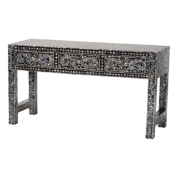 Elara Coastal Black and White Mother of Pearl Capiz Shell 3-Drawer Console Table