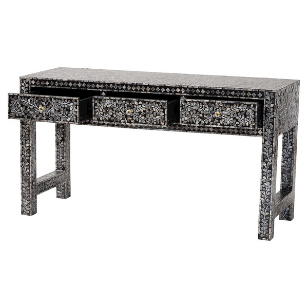 Elara Coastal Black and White Mother of Pearl Capiz Shell 3-Drawer Console Table