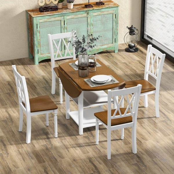 5 Piece Round Dining Drop Leaf Table Chairs Set White/Walnut