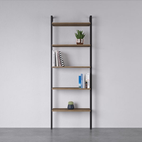 Magliana 5 Tier Shelf | Walnut&Black Bookcase | Wall Mounted Shelf | Ladder Shelf | Minimal Bookshelf | Standing Shelf | Minimal Furniture