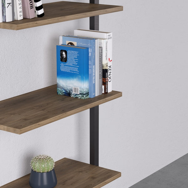 Magliana 5 Tier Shelf | Walnut&Black Bookcase | Wall Mounted Shelf | Ladder Shelf | Minimal Bookshelf | Standing Shelf | Minimal Furniture